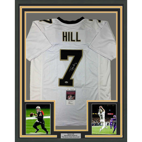 Framed Autographed/Signed Taysom Hill 33x42 New Orleans White Jersey JSA COA