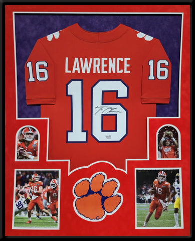 SUEDE FRAMED CLEMSON TIGERS TREVOR LAWRENCE AUTOGRAPHED JERSEY FANATICS HOLO