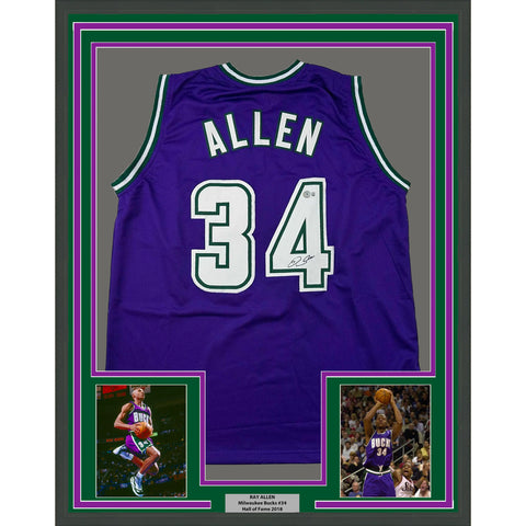 Framed Autographed/Signed Ray Allen 33x42 Milwaukee Purple Jersey BAS COA