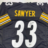Autographed/Signed Jack Sawyer Pittsburgh Black Football Jersey Beckett BAS COA