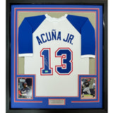 FRAMED Autographed/Signed RONALD ACUNA JR. 35x39 Atlanta Retro Jersey COA