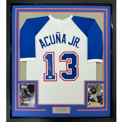 FRAMED Autographed/Signed RONALD ACUNA JR. 35x39 Atlanta Retro Jersey COA