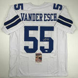 Autographed/Signed LEIGHTON VANDER ESCH Dallas White Football Jersey JSA COA