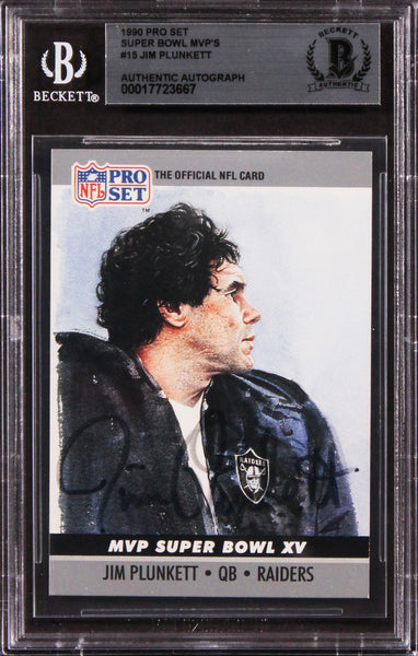 Raiders Jim Plunkett Signed 1990 Pro Set Superbowl MVP'S #15 Card BAS Slabbed