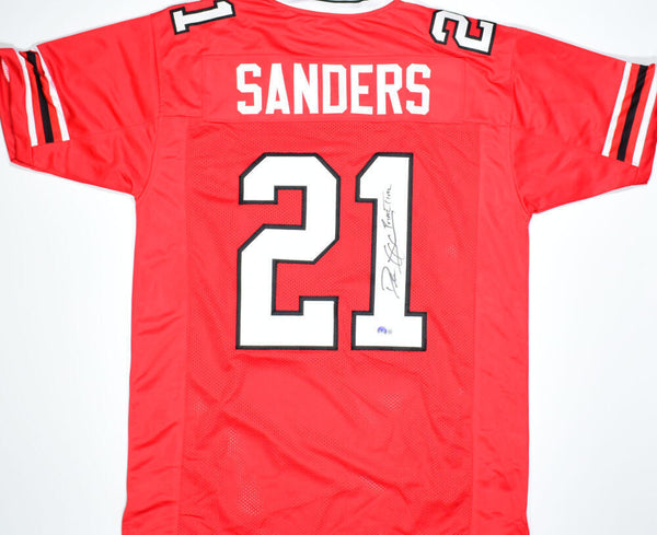 Deion Sanders Autographed Red Pro Style Jersey w/Primetime- Beckett W Hologram