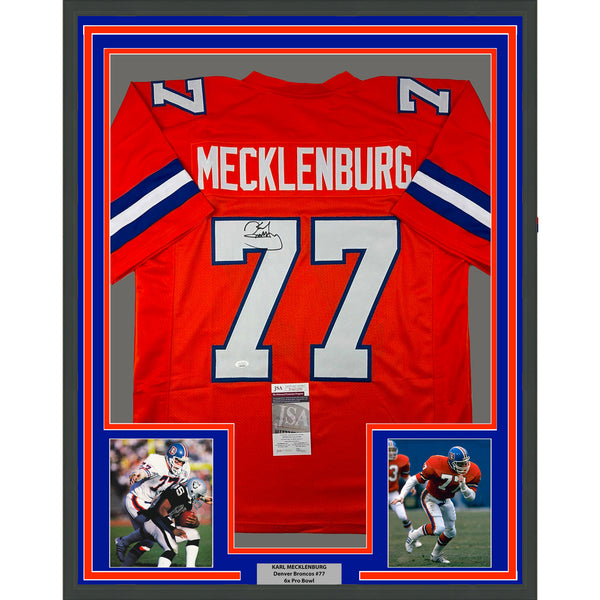 Framed Autographed/Signed Karl Mecklenburg 33x42 Denver Orange Jersey JSA COA
