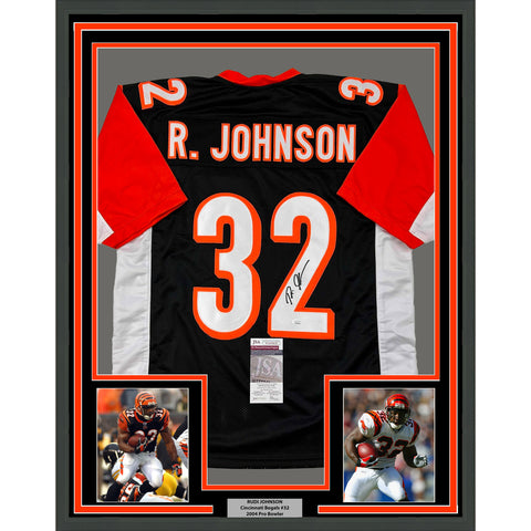 Framed Autographed/Signed Rudi Johnson 33x42 Cincinnati Black Jersey JSA COA