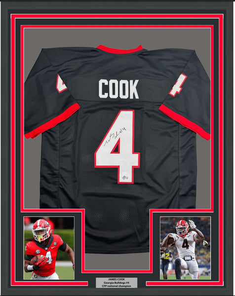 Framed Autographed/Signed James Cook 35x39 Georgia Black Jersey Beckett COA