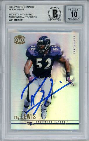 Ray Lewis Signed 2001 Pacific Dynagon #8 Trading Card Beckett 10 Slab 35254