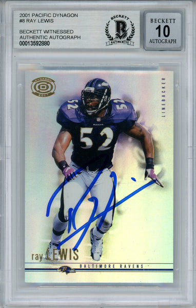 Ray Lewis Signed 2001 Pacific Dynagon #8 Trading Card Beckett 10 Slab 35254