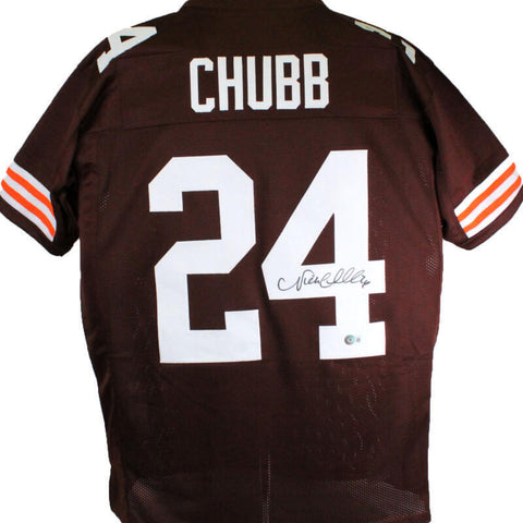 Nick Chubb Autographed Brown w/ White # Pro Style Jersey- Beckett W Holo *Black