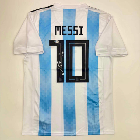 Autographed/Signed Lionel Leo Messi Argentina Blue/White Jersey Beckett BAS COA