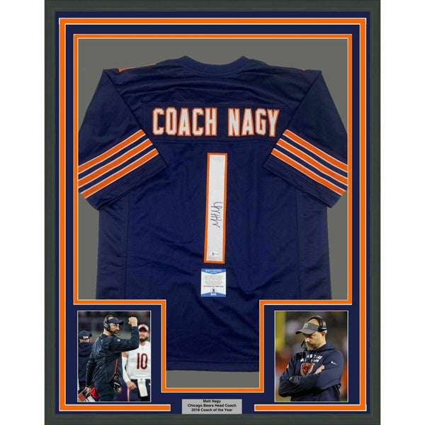FRAMED Autographed/Signed MATT NAGY 33x42 Coach Chicago Blue Jersey Beckett COA