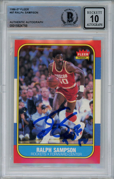 Ralph Sampson Signed 1986-87 Fleer #97 Rookie Card Beckett 10 Slab 42953