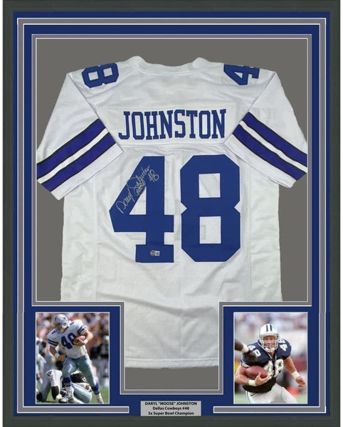 FRAMED Autographed/Signed DARYL MOOSE JOHNSTON 35x39 White Jersey BAS COA