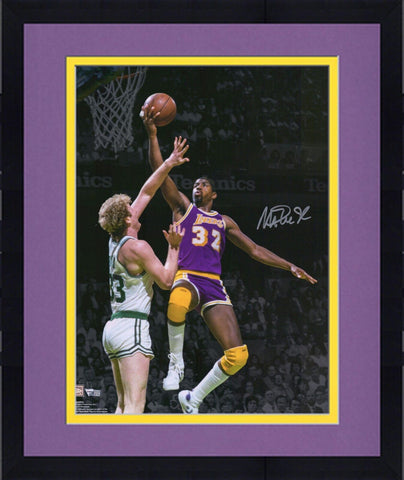 Framed Magic Johnson Lakers Autographed 16x20 Lay Up Over Larry Bird Photo