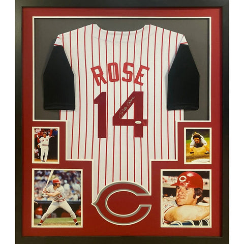 Pete Rose Autographed Signed Framed Cincinnati Reds Stripes Jersey JSA