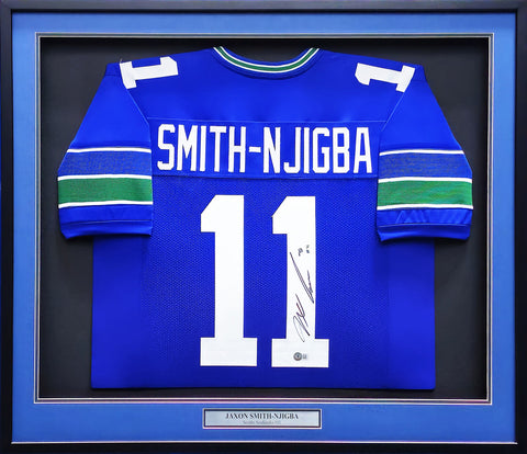 SEAHAWKS JAXON SMITH-NJIGBA AUTOGRAPHED FRAMED BLUE JERSEY MCS HOLO 223785