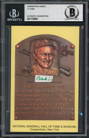 Tigers Ty Cobb Writing Sample 3.5x5.5 HOF Plaque Postcard BAS Slabbed 27