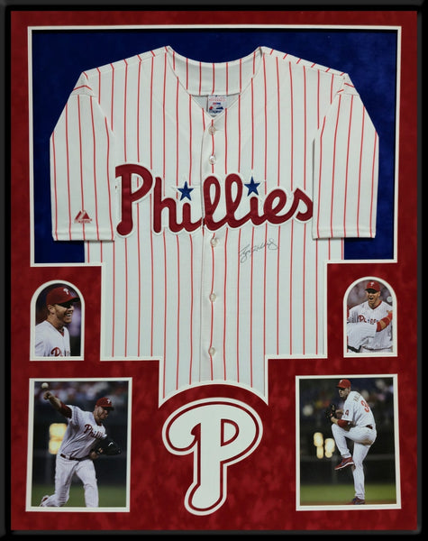SUEDE FRAMED PHILADELPHIA PHILLIES ROY HALLADAY AUTOGRAPHED JERSEY PSA COA