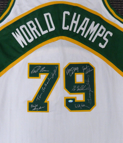 1978-79 NBA CHAMP SUPERSONICS AUTOGRAPHED WHITE JERSEY 9 SIGS WILKENS MCS 145848