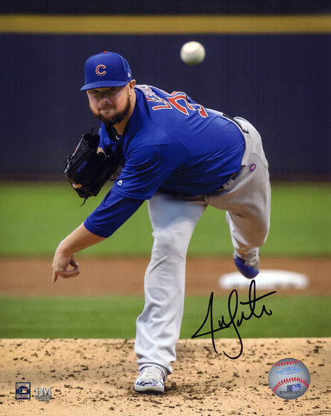 Jon Lester Signed Chicago Cubs Blue Jersey Pitching Action 8x10 Photo - (SS COA)