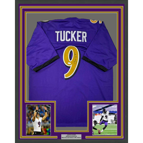Framed Autographed/Signed Justin Tucker 33x42 Purple Color Rush Jersey JSA COA