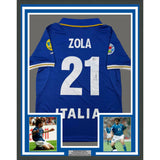 Framed Autographed/Signed Gianfranco Zola 33x42 Italy Blue Futbol Jersey BAS COA