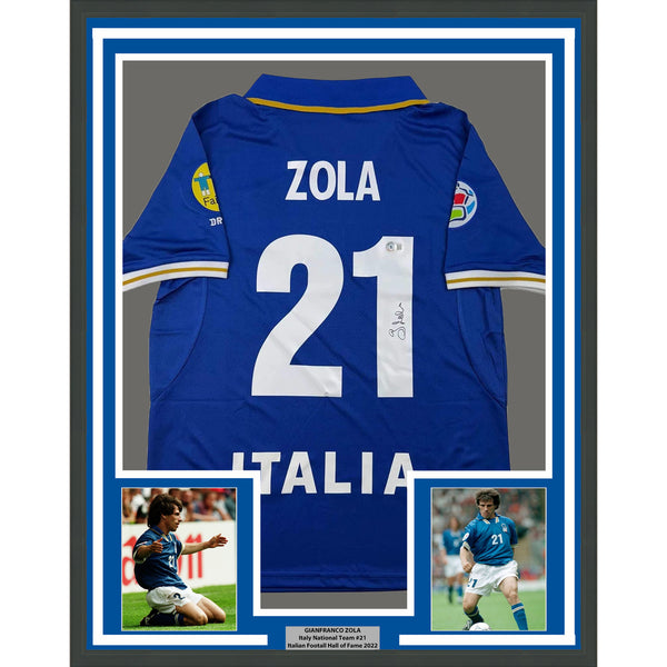 Framed Autographed/Signed Gianfranco Zola 33x42 Italy Blue Futbol Jersey BAS COA