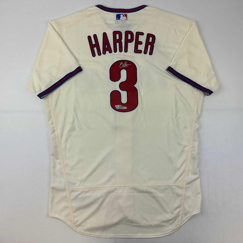 Autographed/Signed Bryce Harper Phillies Cream Authentic Jersey Fanatics MLB COA