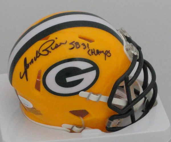 Packers ANDRE RISON Signed Riddell Green Bay Speed Mini Helmet w/ SB Champs JSA