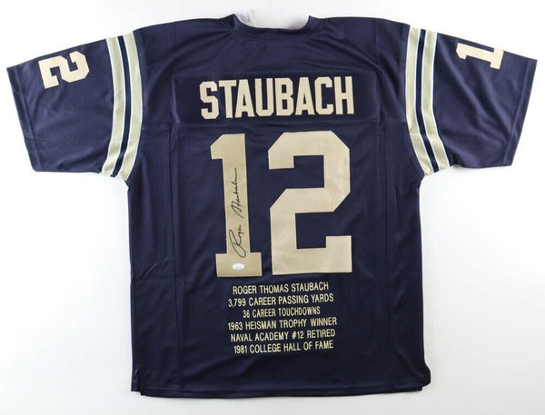 Roger Staubach Signed Navy Midshipmen Career Highlight Stat Jersey (JSA COA) Q.B