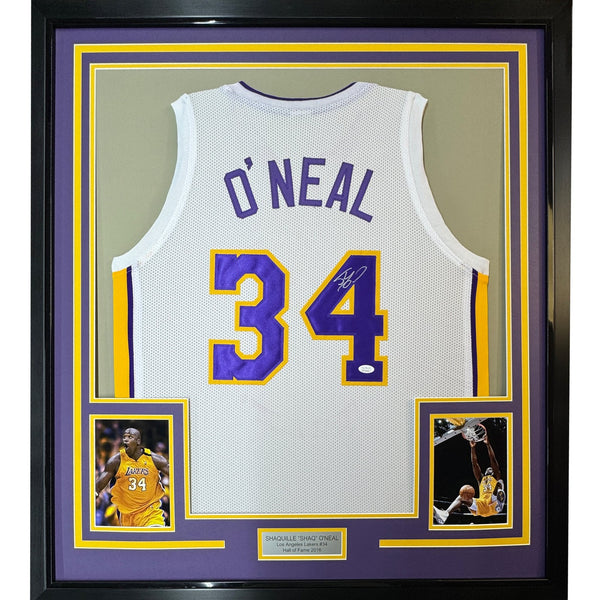 Framed Signed SHAQUILLE SHAQ O'NEAL 35x39 LA White Jersey JSA COA
