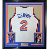 Framed Autographed/Signed Larry Johnson 35x39 New York White Jersey JSA COA