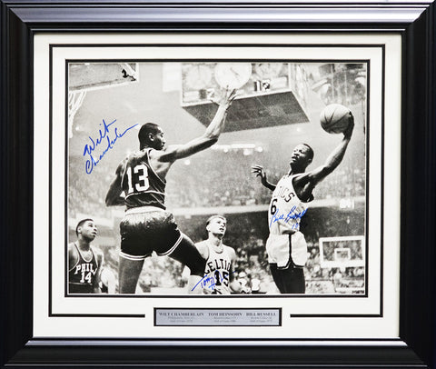 Wilt Chamberlain, Russell & Heinsohn Autographed Framed 16x20 Photo JSA XX57681