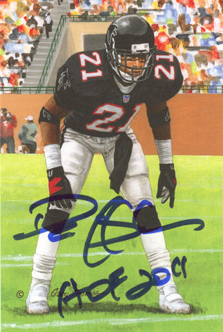 Deion Sanders Autographed Atlanta Falcons Goal Line Art Card Blue HOF 36543