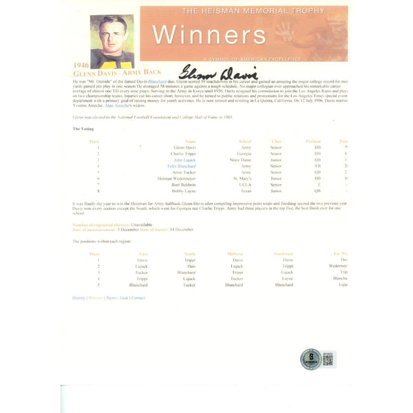 Glenn Davis Autographed/Signed Army Black Knights 1946 Heisman Bio Beckett 49408