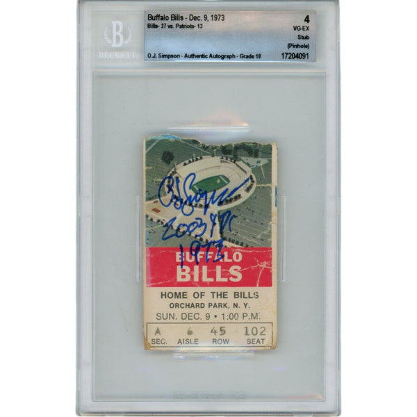 OJ Simpson Autographed Buffalo Bills 12/09/73 Ticket Stub 2003 yds Beckett 48161