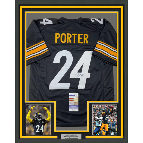 Framed Autographed/Signed Joey Porter Jr. 35x39 Pittsburgh Black Jersey JSA COA