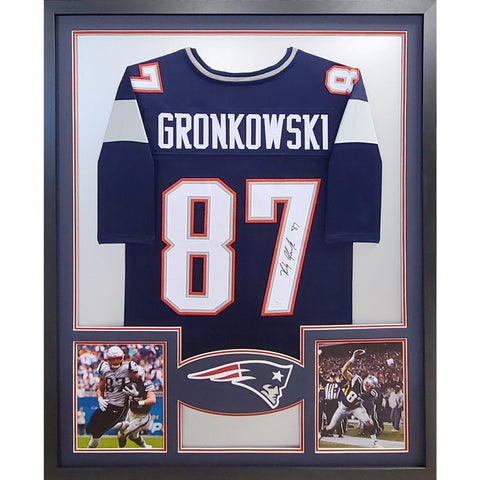 Rob Gronkowski Autographed Signed Framed Patriots Blue Jersey JSA