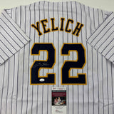 Autographed/Signed Christian Yelich Milwaukee Pinstripe Baseball Jersey JSA COA