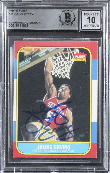 76ers Julius "Dr. J." Erving Signed 1986 Fleer #31 Card Auto 10! BAS Slabbed