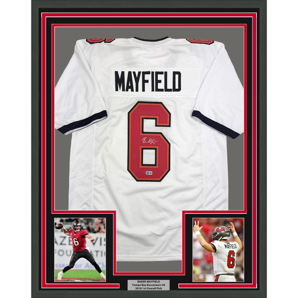 Framed Autographed/Signed Baker Mayfield 35x39 Tampa Bay White Jersey COA
