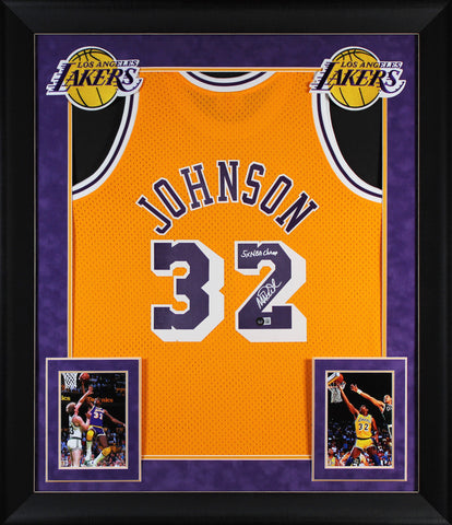 Lakers Magic Johnson "5x NBA Champ" Signed Yellow M&N HWC Framed Jersey BAS W