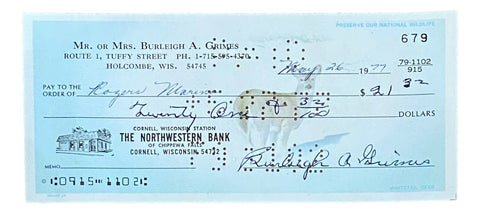 Burleigh Grimes Pittsurgh Pirates Signed Personal Bank Check #679 BAS