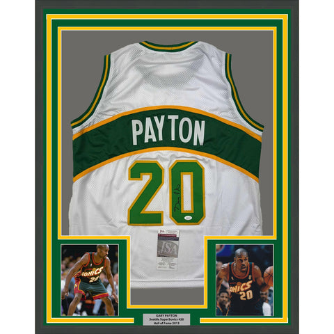 Framed Autographed/Signed Gary Payton 35x39 Seattle White Jersey JSA COA