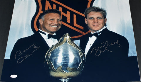 BOBBY & BRETT HULL AUTOGRAPHED NHL BLACKHAWKS BLUES STARS 16x20 PHOTO JSA
