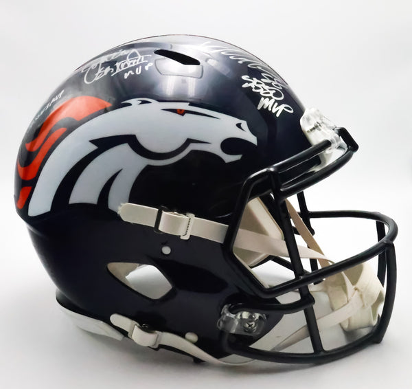 John Elway, Terrell Davis, Von Miller Triple-Autographed Broncos Pro Helmet BAS