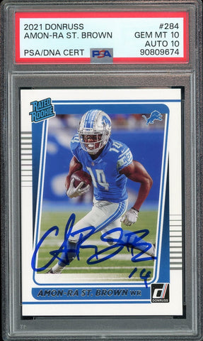 2021 Donruss Rated Rookie Amon-Ra St. Brown On Card PSA 10/10 Auto GEM MINT