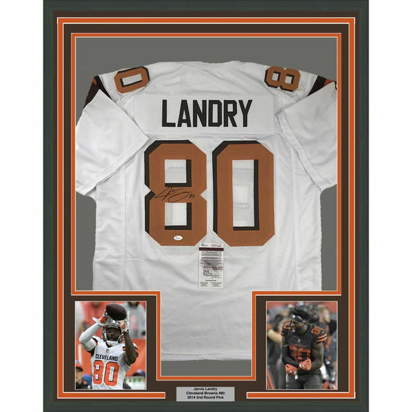 FRAMED Autographed/Signed JARVIS LANDRY 33x42 Cleveland White Jersey JSA COA